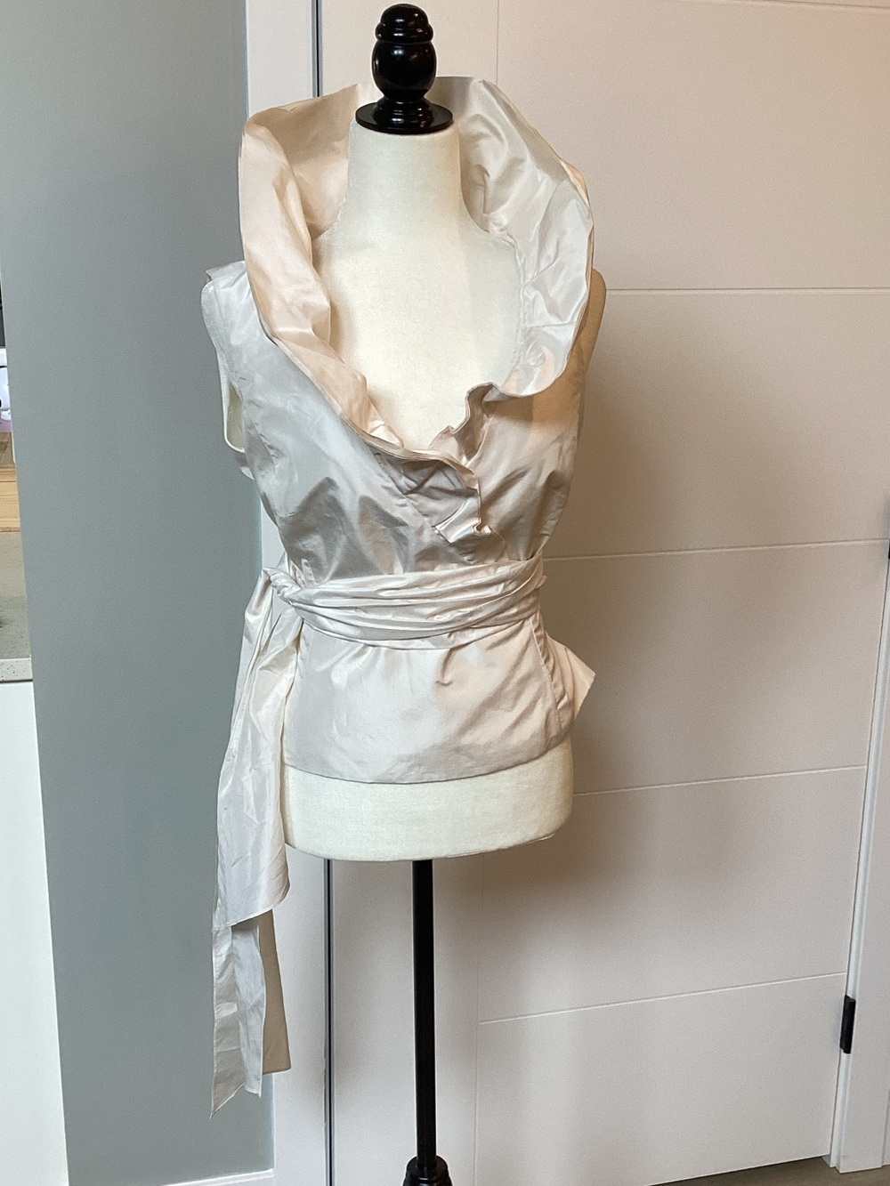 Ivory silk Ruffled Wrap Blouse with Side Sash